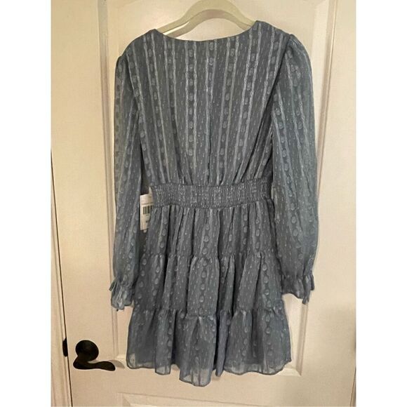 Women's Lined Chiffon Long Sleeve Tiered Ruffle Hem Wrap Dress Blue Size XS NWT - Picture 2 of 7